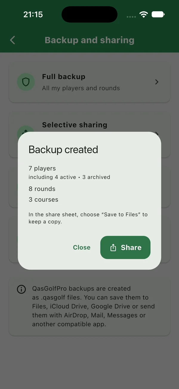 Golf data backup and sharing