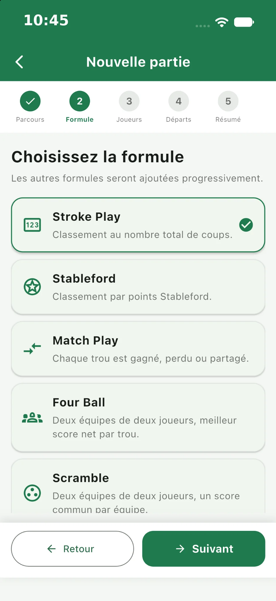 Choix des formules de jeu de golf