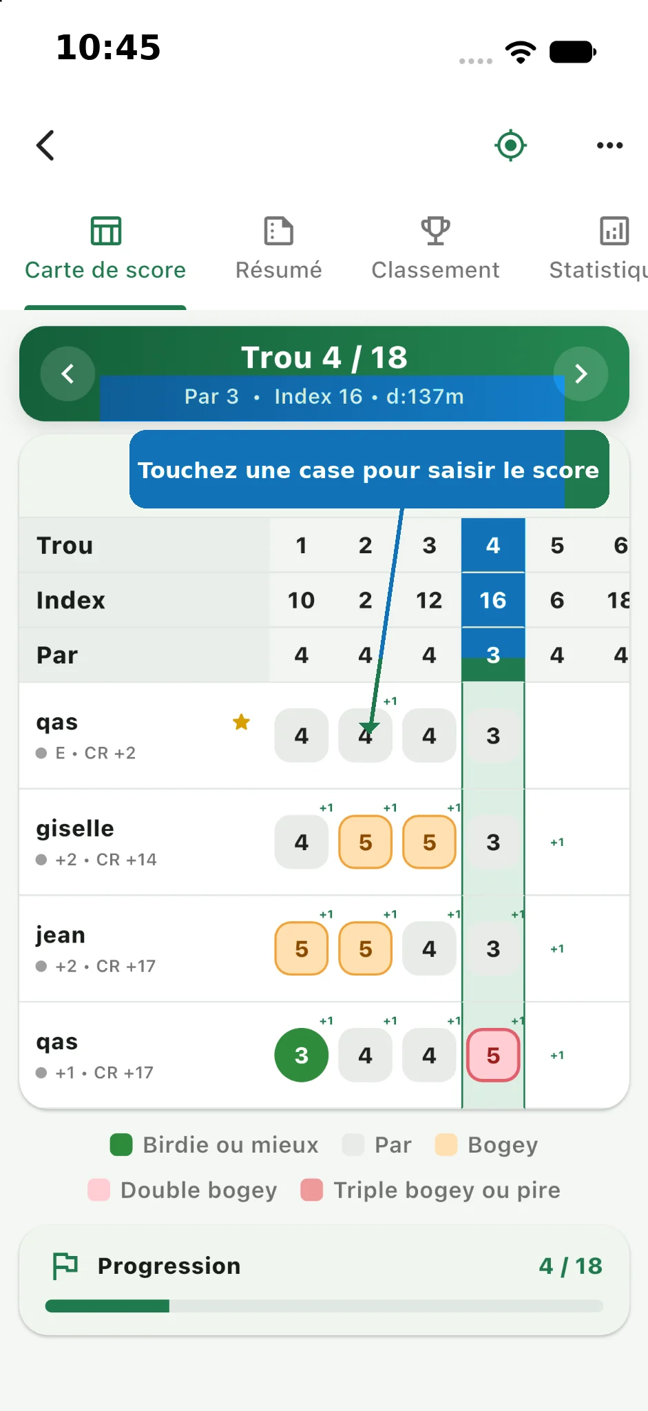 Carte de score de golf et saisie trou par trou